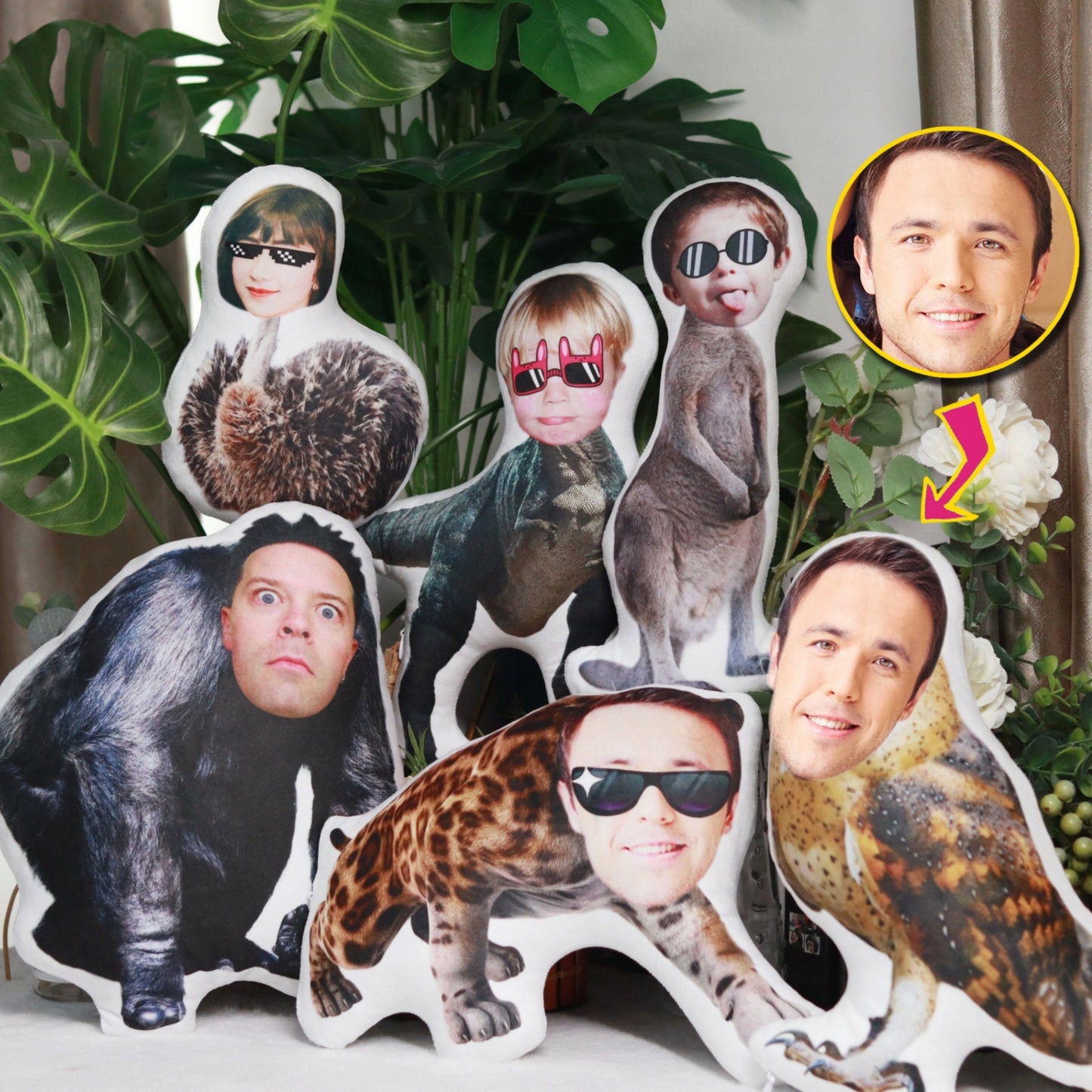 Personalized Human Face Animal Pillow,Custom Photo Cushion, Spoof Gifts, Party Gifts, Birthday Gift for Men, Customized Christmas Gifts